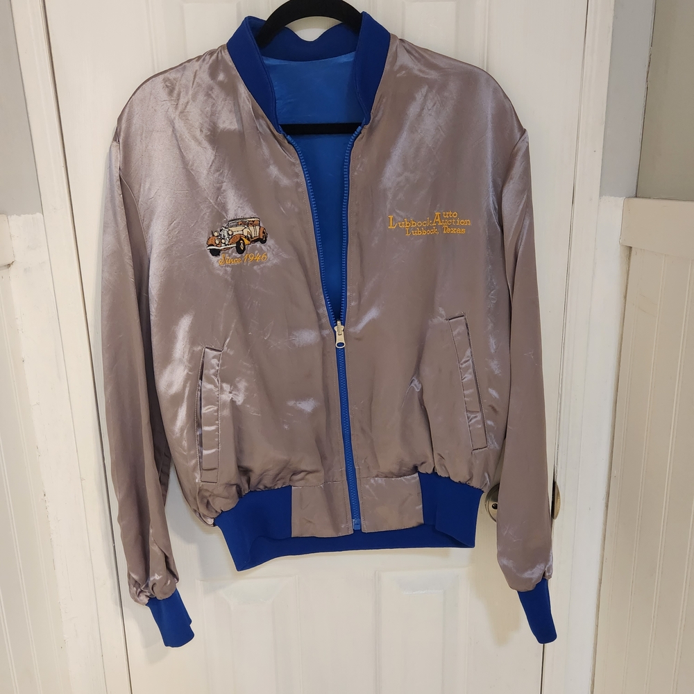 Men's Satin Bomber Jacket - Blue and Silver